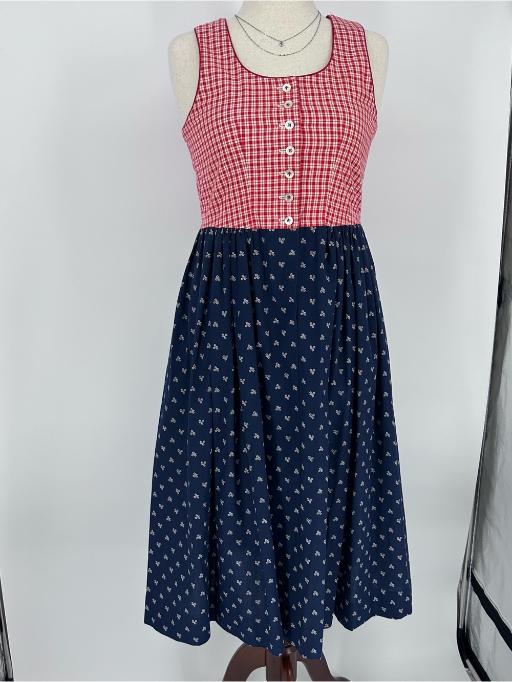 German Dirndl Style Dress Gingham Red Blue Vintage Cottagecore Oktoberfest